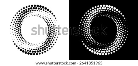 Modern abstract background. Halftone dots in circle form. Round logo. Vector dotted frame. Design element or icon. Black shape on a white background and the same white shape on the black side.