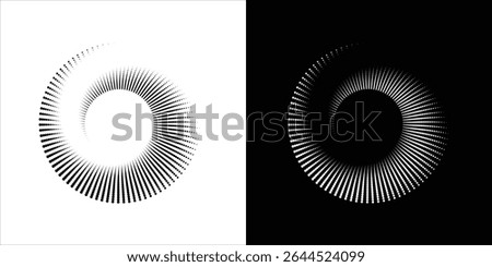 Modern abstract background. Halftone dots in circle form. Spiral logo, icon or design element. Black dots on a white background and white dots modern