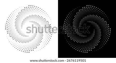 Modern abstract background. Halftone dots in circle form. Spiral logo, icon or design element. Black dots on a white background and white dots on the black side.