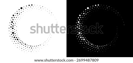Modern abstract background. Halftone dots in circle form. Round logo, design element or icon. Vector dotted frame. A black figure on a white background and an equally white figure on the black side.