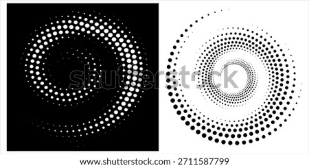 Modern abstract background. Halftone dots in circle form. Spiral logo, icon or design element. Black dots on a white background and white dots on the black side.