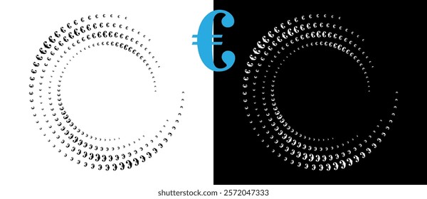 Modern abstract background. Halftone EURO sign in circle form. Round logo. Design element or icon. Black shape on a white background and the same white shape on the black side.