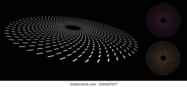 Modern abstract background. Halftone lines in circle form. Round logo. Vector dotted frame with perspective. Design color element or icon.