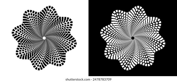 Modern abstract background. Halftone lines like flower. Can be used as logo, icon or design element. Black flower on a white background and white flower on the black side.