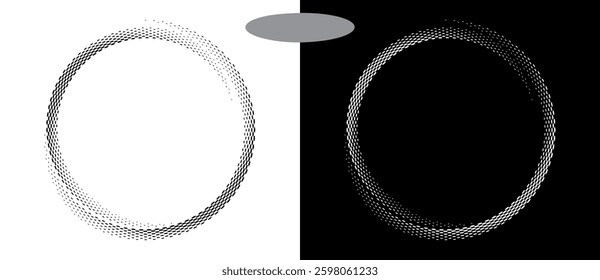 Modern abstract background. Halftone ovals in circle form. Round logo, design element or icon. Vector dotted frame. A black figure on a white background and an equally white figure on the black side.