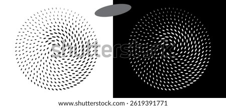 Modern abstract background. Halftone ovals in circle form. Round logo, design element or icon. Vector dotted frame. A black figure on a white background and an equally white figure on the black side.