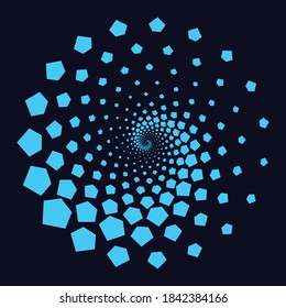 Modern abstract background. Halftone pentagons in circle form. Round logo. Vector dotted frame. Design element or icon.