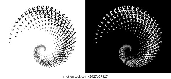 Modern abstract background. Halftone POUND sign in circle form. Round logo. Design element or icon. Black shape on a white background and the same white shape on the black side.