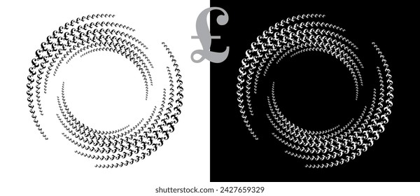 Modern abstract background. Halftone POUND sign in circle form. Round logo. Design element or icon. Black shape on a white background and the same white shape on the black side.