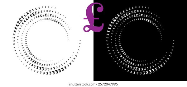 Modern abstract background. Halftone POUND sign in circle form. Round logo. Design element or icon. Black shape on a white background and the same white shape on the black side.