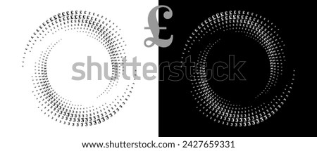 Modern abstract background. Halftone POUND sign in circle form. Round logo. Design element or icon. Black shape on a white background and the same white shape on the black side.