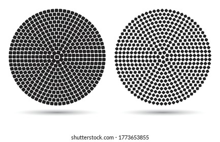 Modern abstract background with halftone rectangles in circle form. Round logo. Vector dotted frame. Design element or icon.