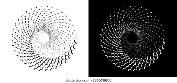 Modern abstract background. Halftone semicircles in circle form. Round logo. Design element or icon. A black figure on a white background and an equally white figure on the black side.