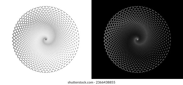 Modern abstract background. Halftone semicircles in circle form. Round logo. Design element or icon. A black figure on a white background and an equally white figure on the black side.