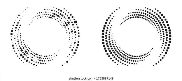 Modern abstract background. Halftone squares in circle form. Round logo. Vector dotted frame. Design element or icon.