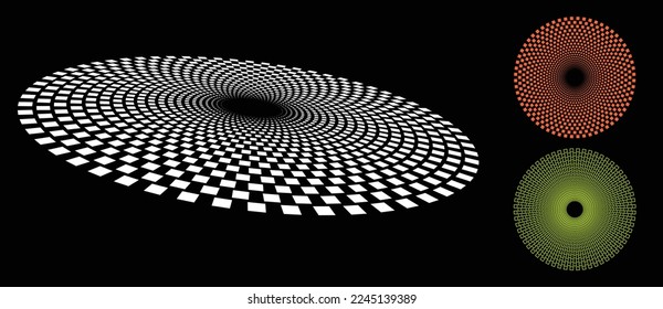 Modern abstract background. Halftone squares in circle form. Round logo. Vector dotted frame with perspective. Design color element or icon.