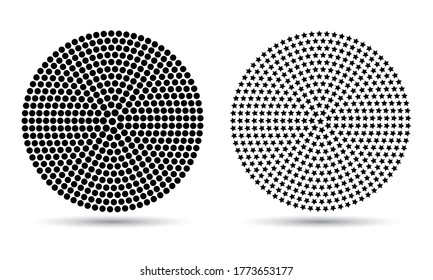 Modern abstract background. Halftone stars and dots in circle form. Round logo. Vector dotted frame. Design element or icon.