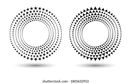 Modern abstract background. Halftone stars and triangles in circle form. Round logo. Vector dotted frame. Design element or icon.