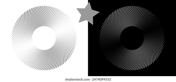 Fondo abstracto moderno. Estrellas de semitonos en forma de círculo. Logotipo redondo. Marco de puntos de Vector. Elemento de diseño o icono. Estrellas negras sobre fondo blanco y estrellas blancas en el lado negro.