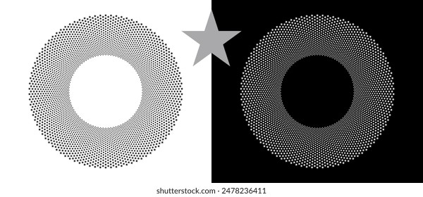 Modern abstract background. Halftone stars in circle form. Round logo. Vector dotted frame. Design element or icon. Black stars on a white background and white stars on the black side.