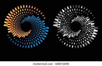 Modern abstract background. Halftone tetragons in circle form. Round logo. Vector dotted frame. Design element or icon.