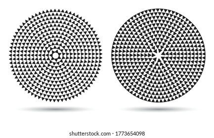Modern abstract background with halftone triangles in circle form. Round logo. Vector dotted frame. Design element or icon.