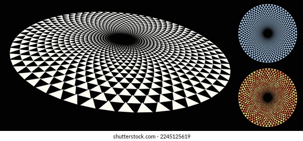 Modern abstract background. Halftone triangles in circle form. Round logo. Vector dotted frame with perspective. Design color element or icon.