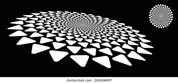 Modern abstract background. Halftone triangles in circle form. Round logo. Vector dotted frame with perspective. Design element or icon.