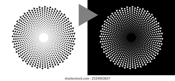 Modern abstract background with halftone triangles in circle form. Round logo. Black shape on a white background and the same white shape on the black side.