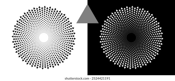 Modern abstract background with halftone triangles in circle form. Round logo. Black shape on a white background and the same white shape on the black side.