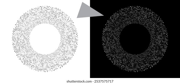 Fondo abstracto moderno con triángulos de medio tono en forma de círculo. Logotipo redondo. Forma negra sobre un fondo blanco y la misma forma blanca en el lado negro.