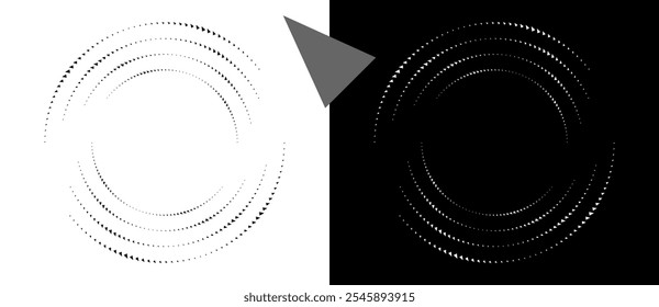 Plano de fundo abstrato moderno com triângulos de meio-tom em forma de círculo. Logotipo redondo. Forma preta em um plano de fundo branco e a mesma forma branca no lado preto.