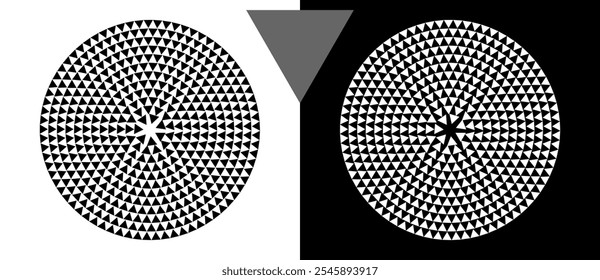 Plano de fundo abstrato moderno com triângulos de meio-tom em forma de círculo. Logotipo redondo. Forma preta em um plano de fundo branco e a mesma forma branca no lado preto.