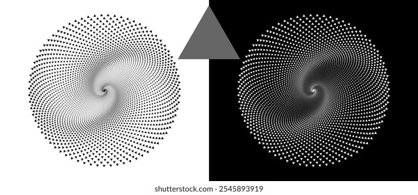 Fondo abstracto moderno con triángulos de medio tono en forma de círculo. Logotipo redondo. Forma negra sobre un fondo blanco y la misma forma blanca en el lado negro.
