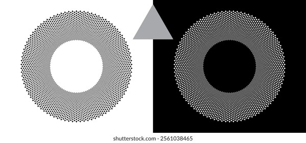 Modern abstract background with halftone triangles in circle form. Round logo. Black shape on a white background and the same white shape on the black side.