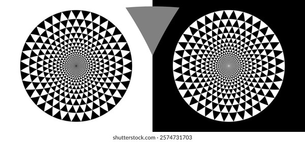 Modern abstract background with halftone triangles in circle form. Round logo. Black shape on a white background and the same white shape on the black side.