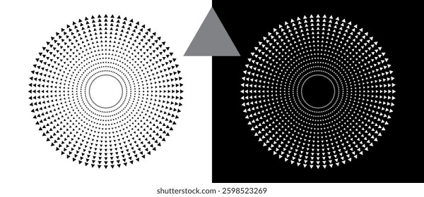 Modern abstract background with halftone triangles in circle form. Round logo or icon. Black shape on a white background and the same white shape on the black side.