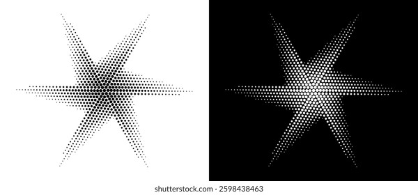 Modern abstract background. Halftone vector dots in the shape of a spiral or star. Design element or icon, logo. Black figure on a white background and the same white figure on a black side.
