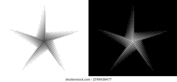 Modern abstract background. Halftone vector dots in the shape of a spiral or star. Design element or icon, logo. Black figure on a white background and the same white figure on a black side.