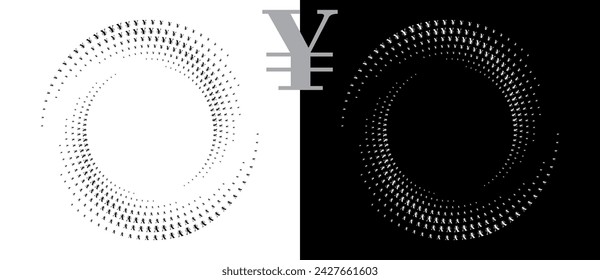 Modern abstract background. Halftone YEN sign in circle form. Round logo. Design element or icon. Black shape on a white background and the same white shape on the black side.