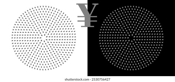 Modern abstract background. Halftone YEN sign in circle form. Round logo. Design element or icon. Black shape on a white background and the same white shape on the black side.