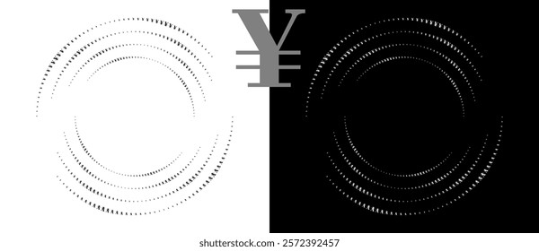 Modern abstract background. Halftone YEN sign in circle form. Round logo. Design element or icon. Black shape on a white background and the same white shape on the black side.