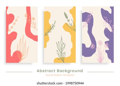 Modern abstract background with hand drawn floral elements. Trendy editable social media stories template
