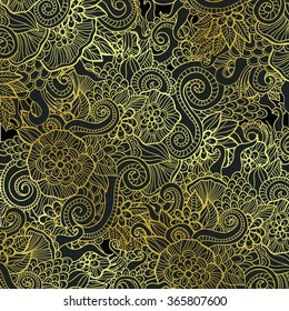 Modern abstract background with hand drawn floral pattern. Golden lace.