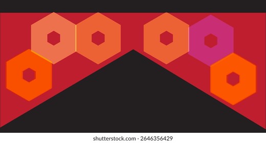 Modern abstract background with hexagonal patterns in orange, pink, and red tones above a dark triangle on a maroon backdrop.