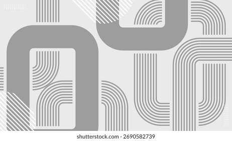 Ilustração de fundo abstrata moderna com linhas arredondadas em forma de placa de circuito e formas geométricas em tons de cinza e branco