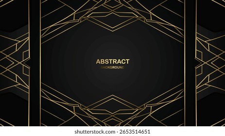 Modern abstract background with intricate geometric gold lines and dark shadows on a black surface.
