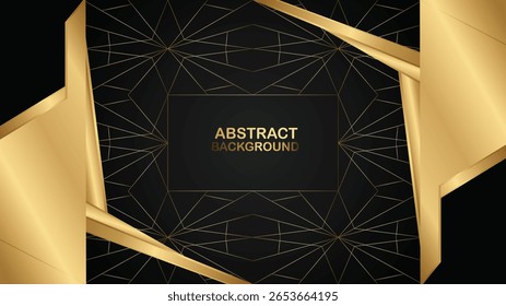 Modern abstract background with intricate gold geometric lines and overlapping gold shapes on a dark black surface.
