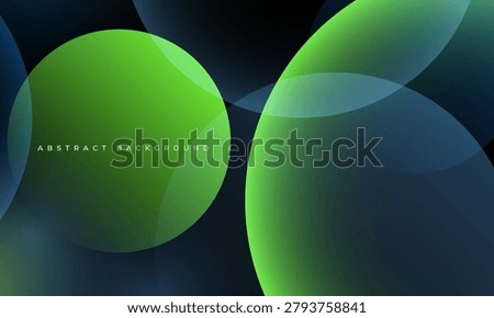 Modern abstract background with large translucent green and blue circular shapes layered over a dark gradient background, creating a sleek, futuristic look with soft glow. Vector illustration