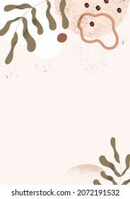 Modern abstract background with leaf and organic geometric shapes. Trendy card design with floral frame from creative element, blob and dot. Fashion vertical banner. Colored flat vector illustration
